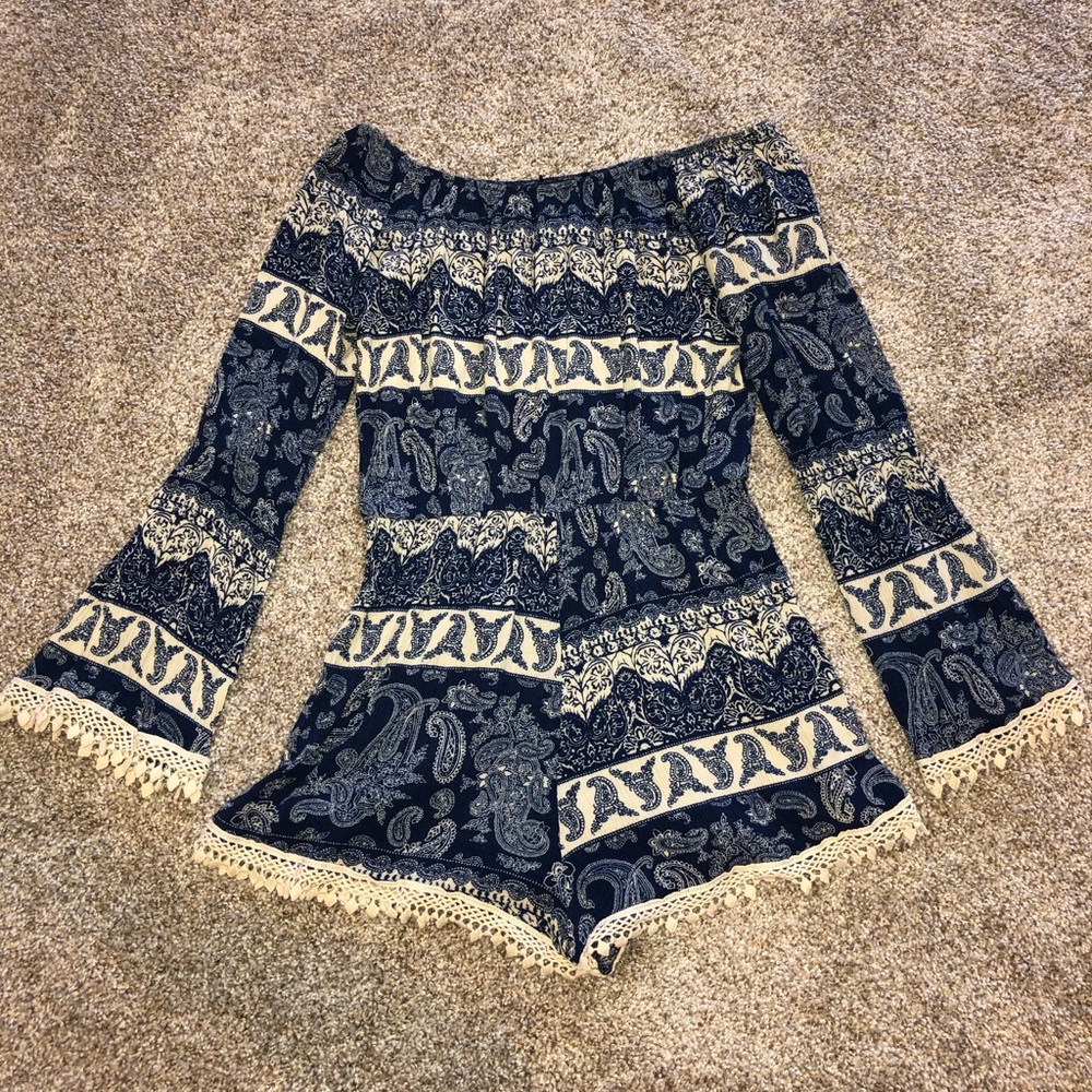 Blue and White Romper With Lace